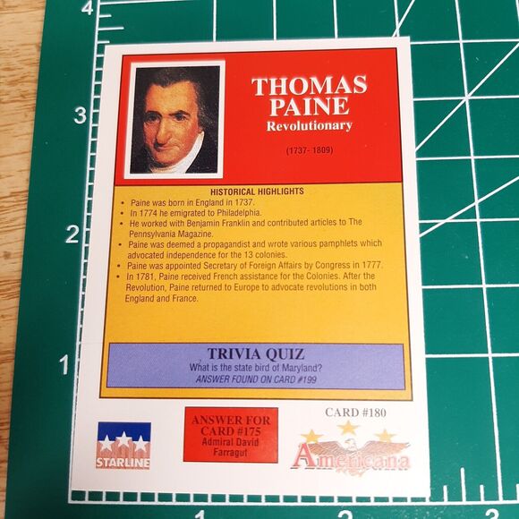 1992 Thomas Paine - Starline Americana Trading Card #180 Revolutionary 1737-1809 - Picture 2 of 2